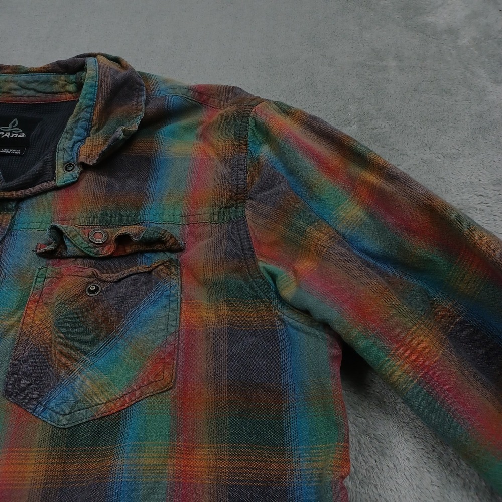 Prana Shirt Mens Large Blue Plaid Snap Button Outdoor Lined Casual - Picture 3 of 8